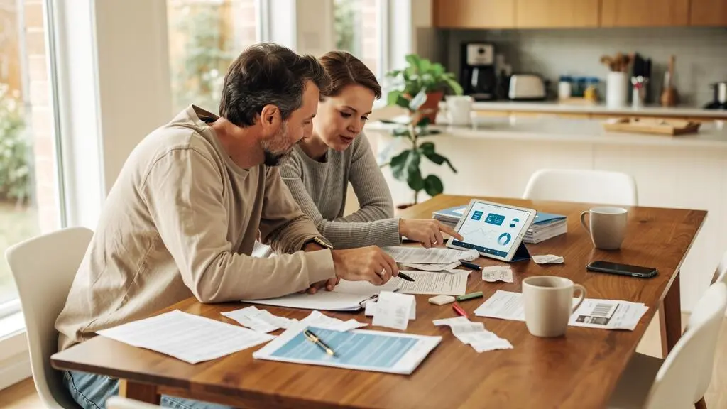 Un couple gère ensemble les finances de leur compte joint à la maison en consultant des documents et une tablette